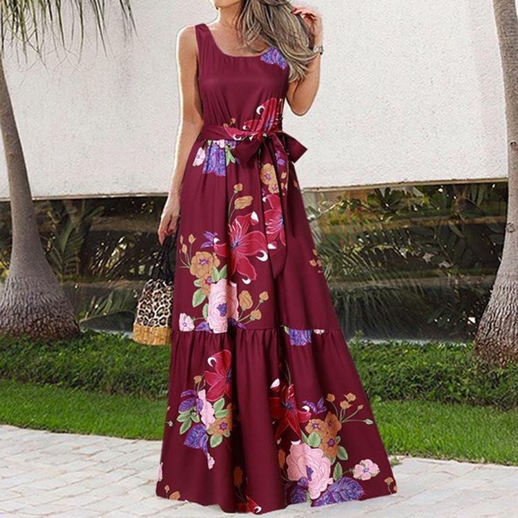 Summer Casual Long Dress with Belt European American Print