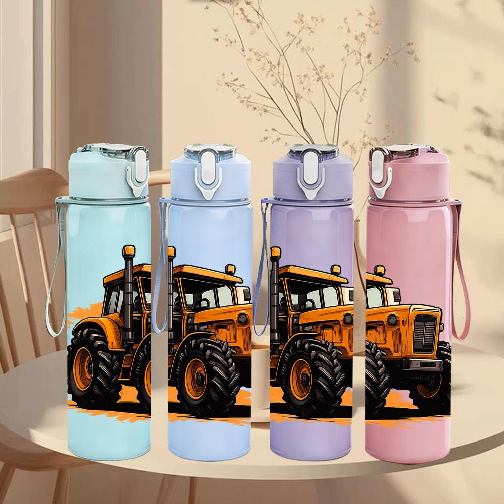 1PC Yellow Heavy Bulldozer Construction Pattern 750ml Color Plastic Sports Water Bottle Leakproof Flip Straw Lid Suitable for Sports Office Home Use