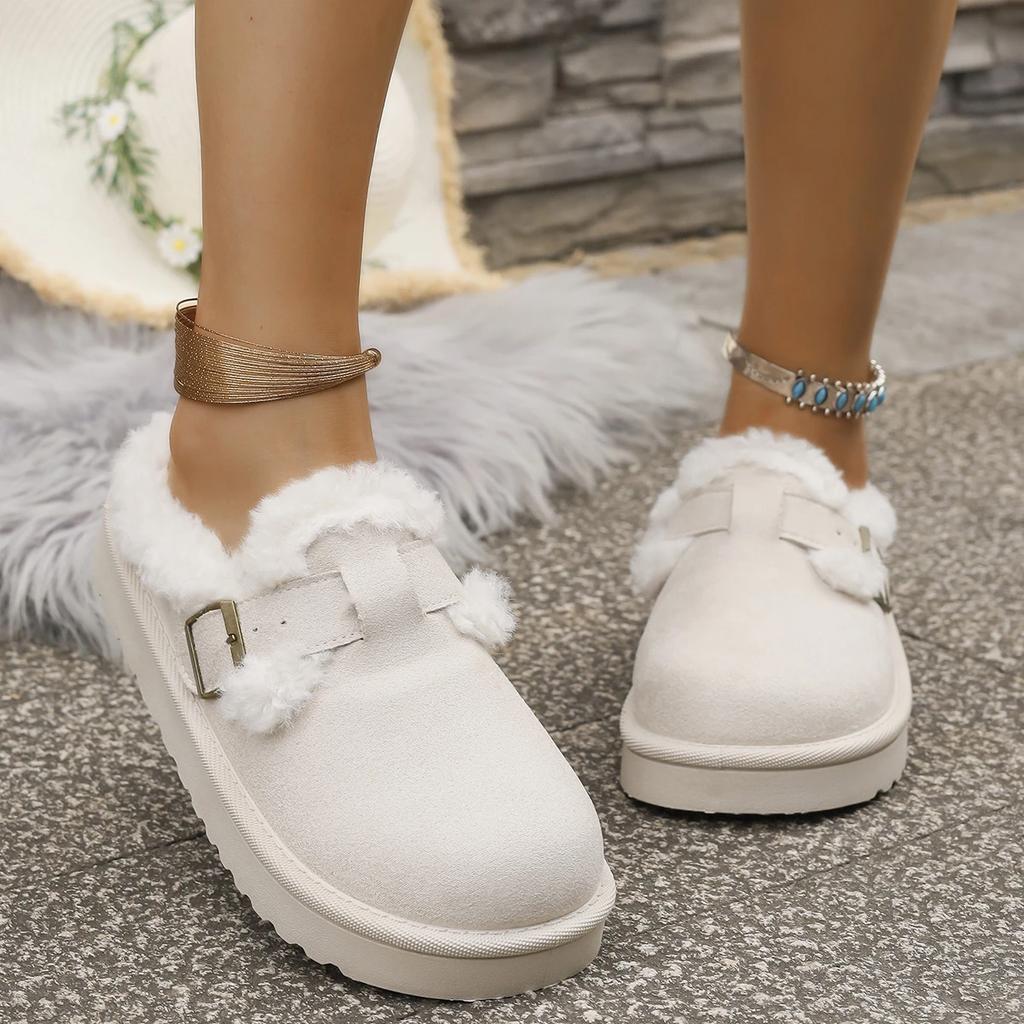 2025 Fashion Autumn Winter Plush Buckle Warm Cotton Slippers Casual Large New Hair Half Slipper Cotton Shoes Women Snow Boots