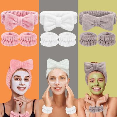 1set Women Wrist Towels For Washing Face Soft Bow Headband Girls Wrist Wash Band Pink Face Wash Wristband Spa Skincare Hairbands