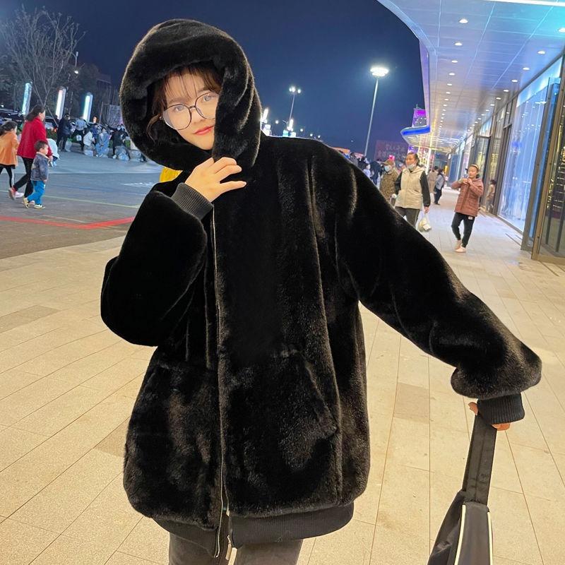 Winter New Imitation Rex Rabbit Fur Young Thickened Hooded Coat Lamb Wool Coat Women