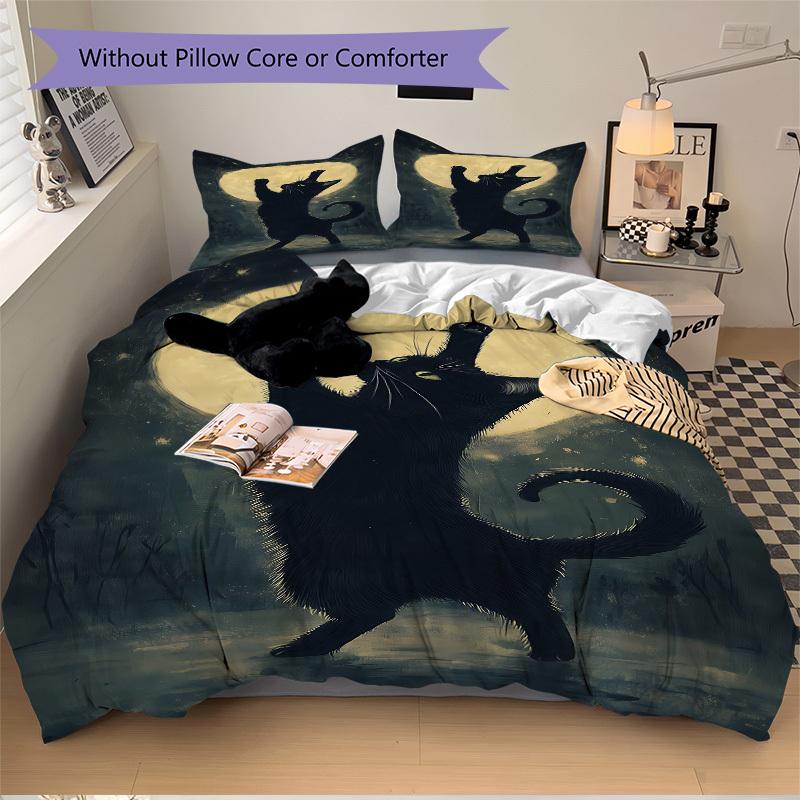 3Pcs Black Cat Moon Night Printed Bedding Set, Breathable And Soft, Machine Washable, Christmas Gift, Suitable for Bedroom Decoration, 15179