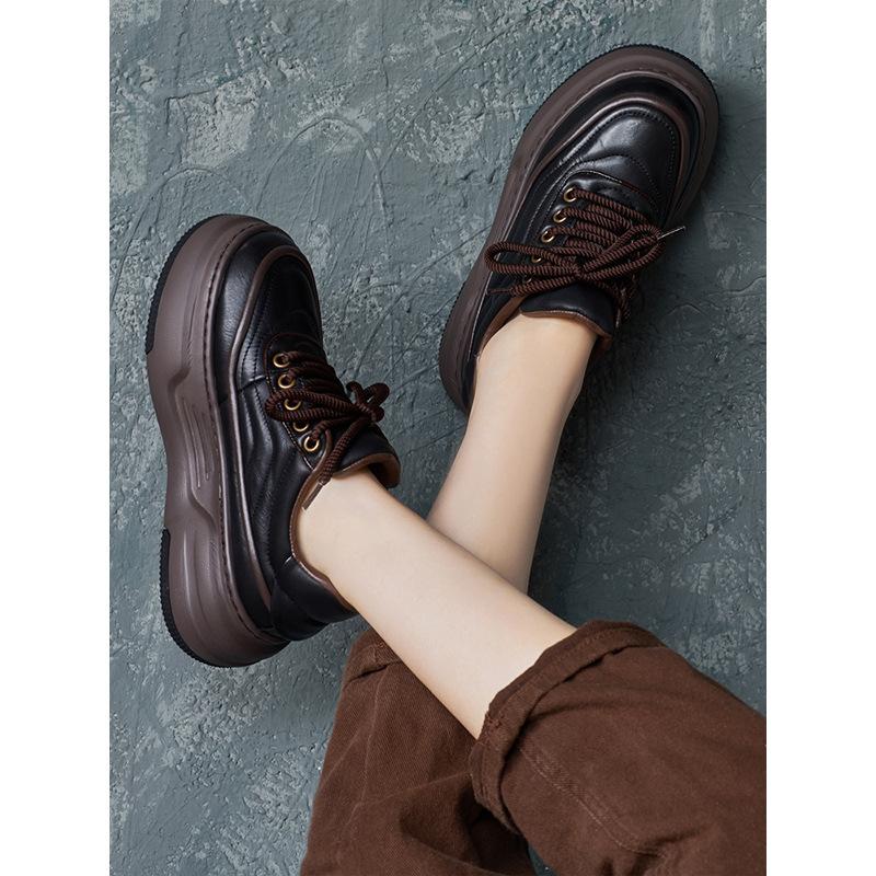 Bread soled women's shoes 2025 autumn new item cowhide British handmade lace up thick soled board shoes single shoe