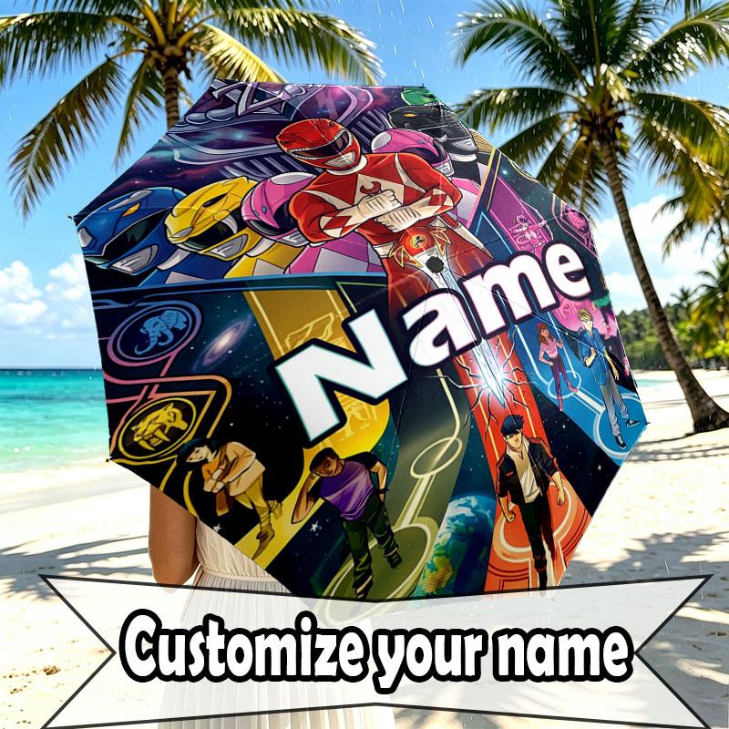 Custom Name Personalized Power Rangers Print Umbrella, Auto Open Close, 8‑Rib Sturdy Frame, Commute Camping Hiking Use, Birthday Gift