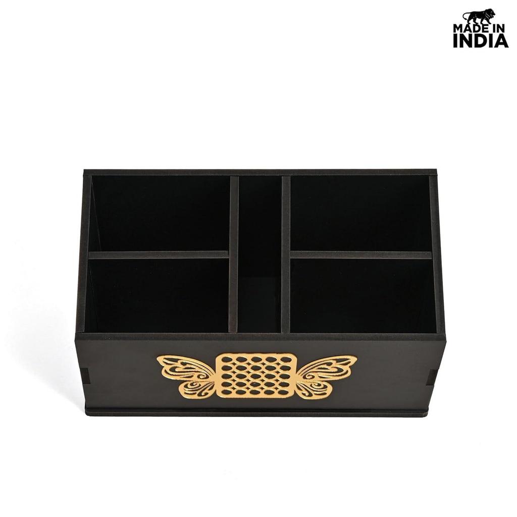 Fernbedienungshalter mit 5 Fächern Holz-Fernbedienungshalter für Wohnzimmer, TV und Klimaanlage Schreibwaren-Organizer 5 in 1 Ideal für Zuhause und Büro (Schwarzer Schmetterling)