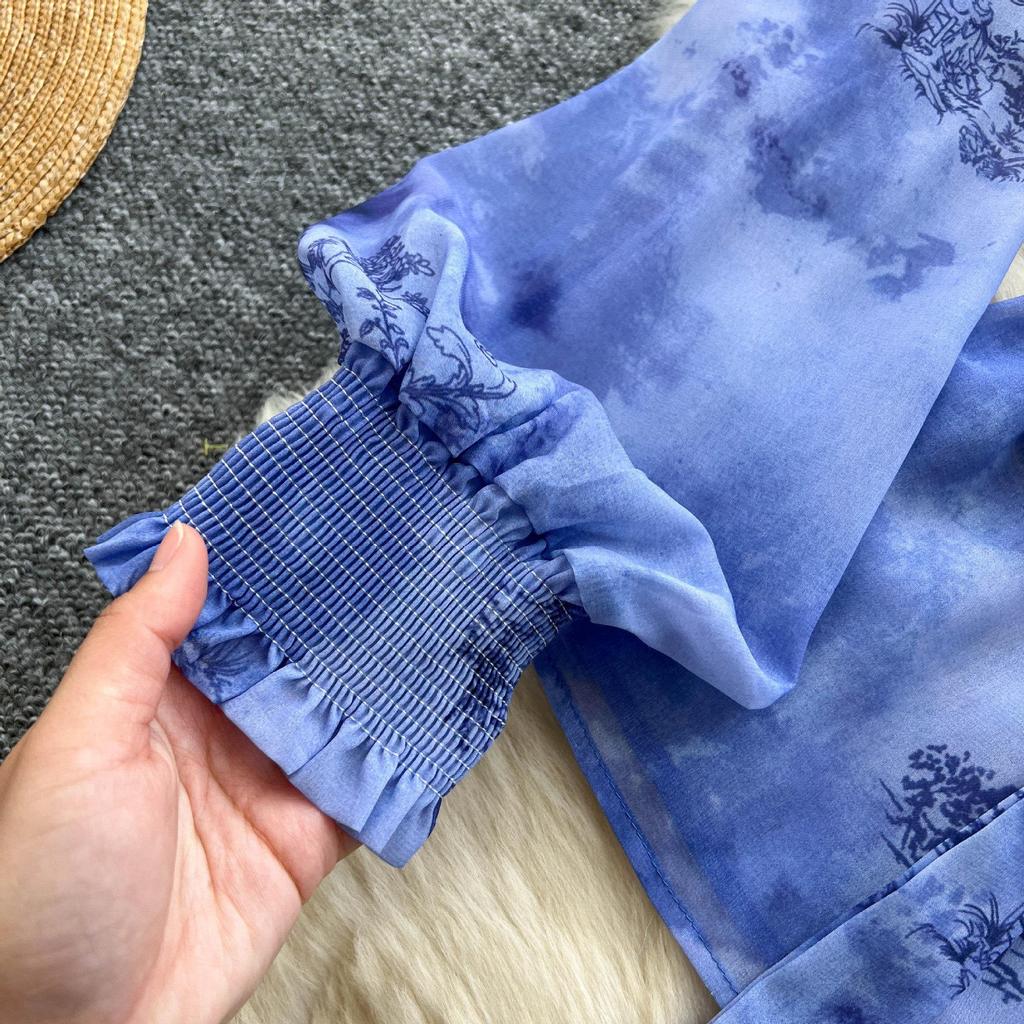 Women's French Style Tie-Waist Lantern Sleeve Chiffon Top & High-Waist Skirt Set