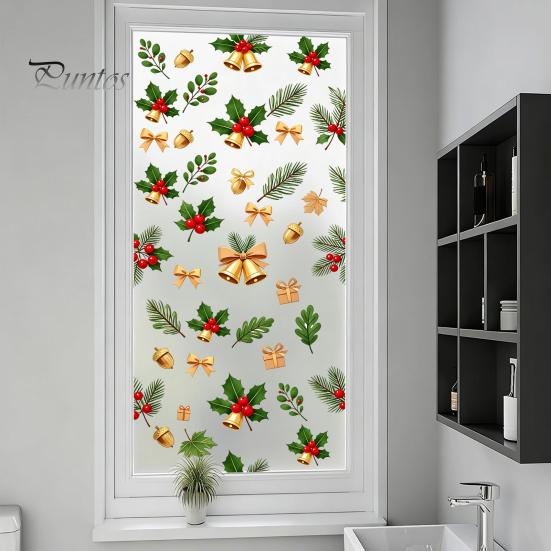 PVC Window Cling Christmas Static Cling, Xmas Tree Snowman Santa Hat Bell Waterproof Glass Sticker, Removable Reusable Decoration Decal for