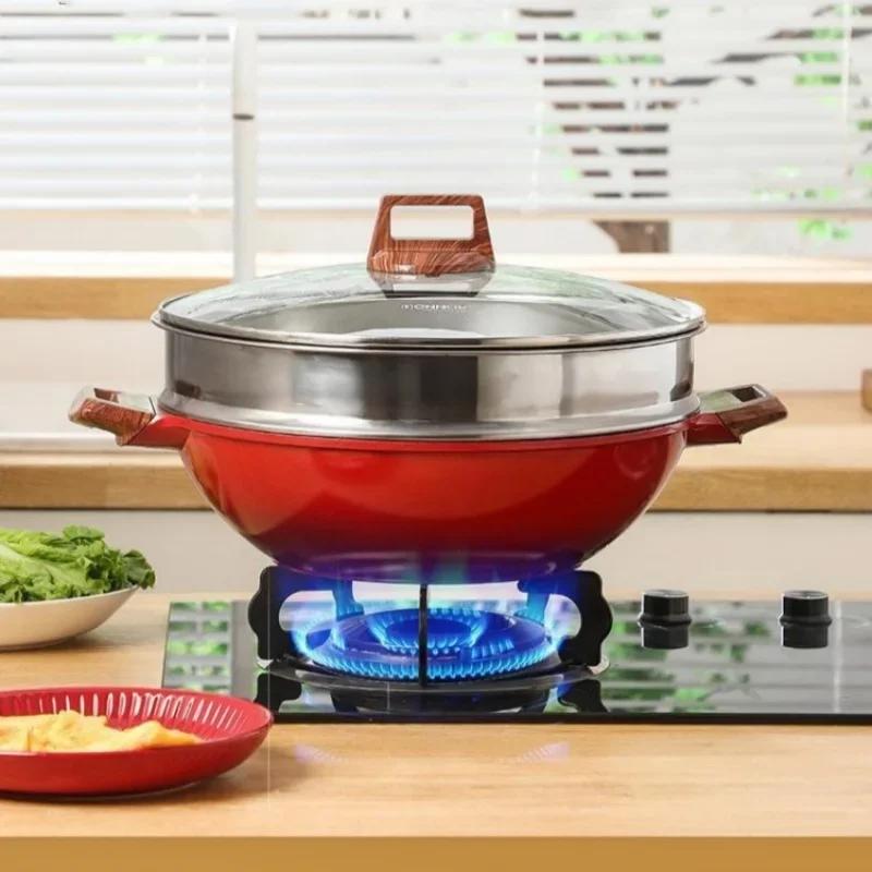 

Сковорода с антипригарным покрытием, двухъярусная сковорода с решеткой для приготовления на пару и стеклянной крышкой, бытовые котлы, кастрюли, кастрюли, кухонные принадлежности для готовки красный