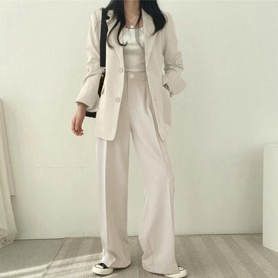 Blazer monopetto a maniche lunghe con risvolto casual da donna Tasche a vita alta Pantaloni dritti a gamba larga Abbigliamento da lavoro da ufficio