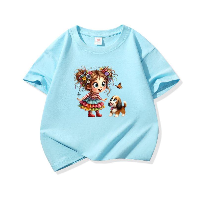 Kids Cotton T Shirt Girl Wear Colorful Dress With Puppy Dog Print Crew Neck Short Sleeve Tee Casual Boys Girls Summer Tops