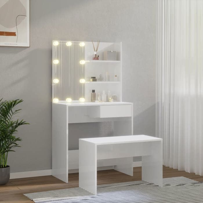 VidaXL Ensemble de Coiffeuse avec LED Table Cosmétique Coiffeuse de Maquillage Table à Bijoux Chambre à Coucher Blanc 3114111