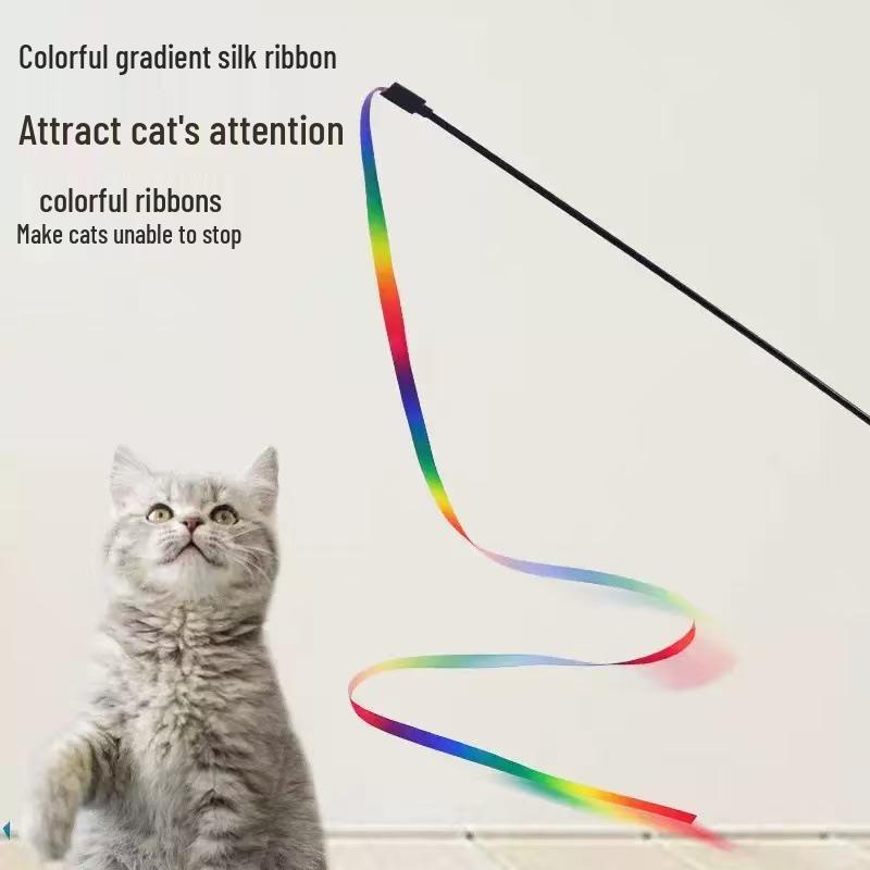Rainbow Ribbon Cat Teaser Stick: Double-Sided Interactive Silk Toy for Self-Entertainment and Decompression. One Stick