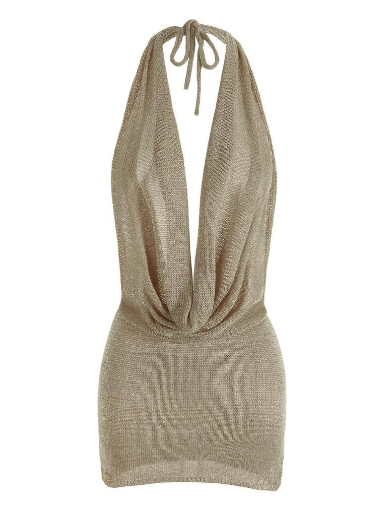 Mini Abito Arancione Lavorato a Maglia Halter da Donna Profondo Scollo a V Schiena Nuda Copricostume da Spiaggia Abito da Festa K145