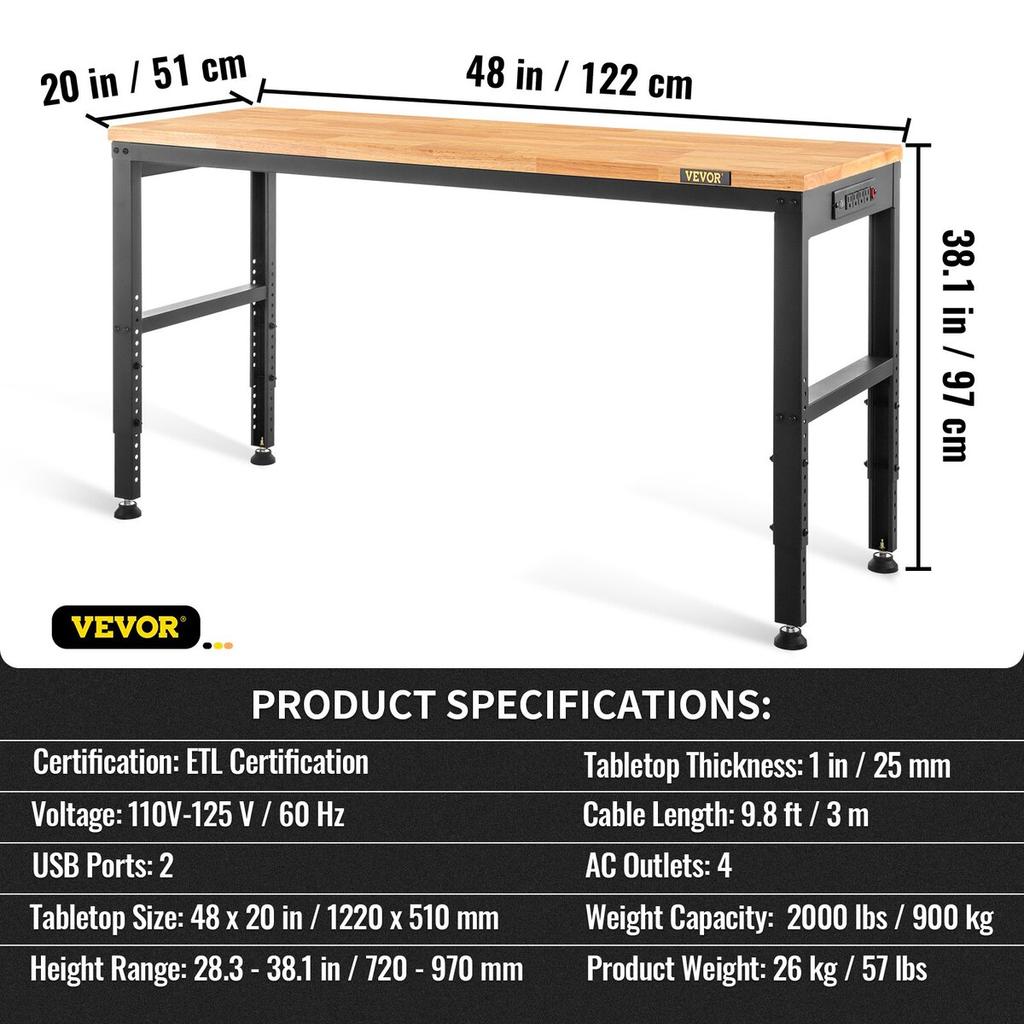 Adjustable Height Workbench 48"L x 20"W Work Bench Table with Power Outlet