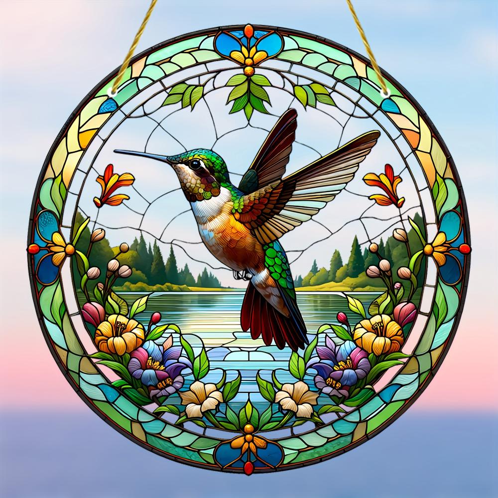 Acrylic 2D Flat Hummingbird Acrylic Stained Glass Style Window Hanging Catcher - Porch Decor, Wall Art, Home Decor, Outdoor Garden Garden Supplies