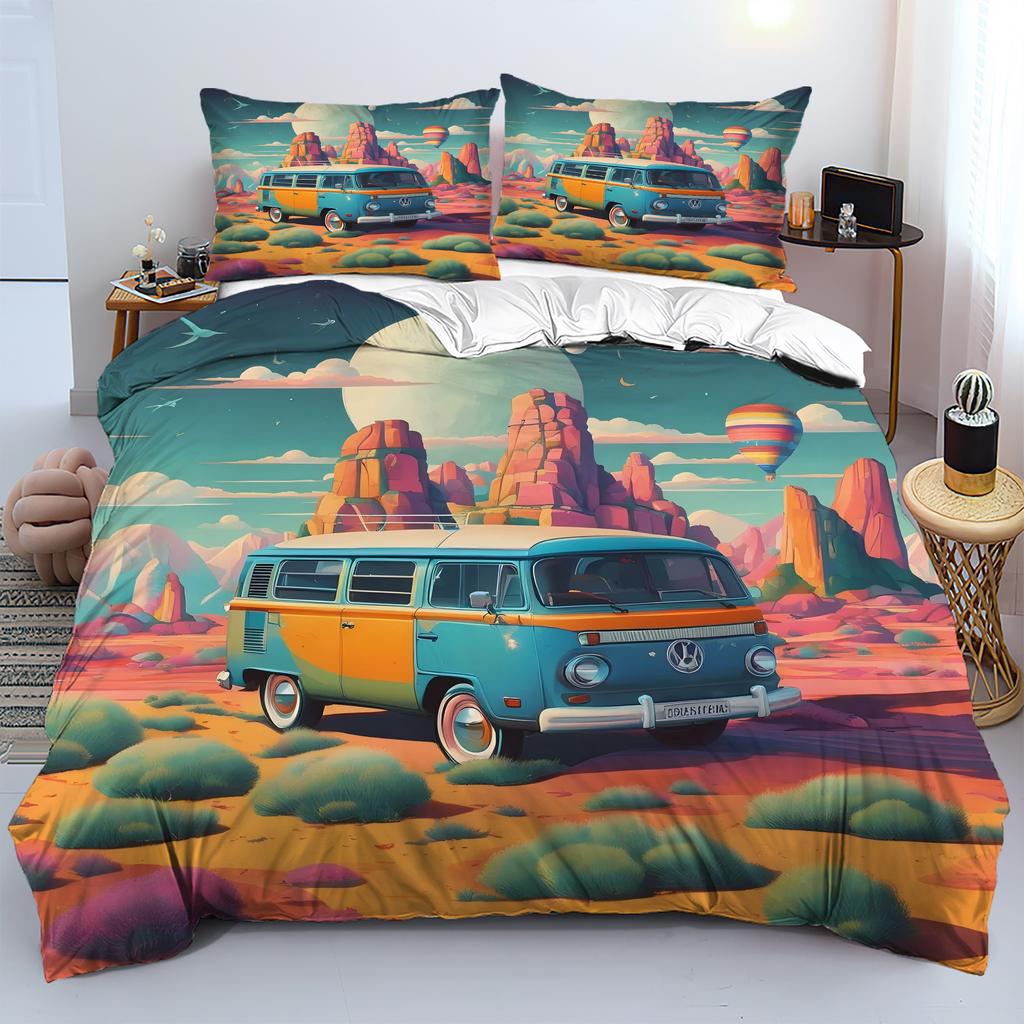 Wohnmobil Muster 3D Gedrucktes Bettbezug Set Cartoon Stil Bettwäsche Set Luxuriöse Heimtextilien Bequemer Bettdeckenbezug Kissenbezug