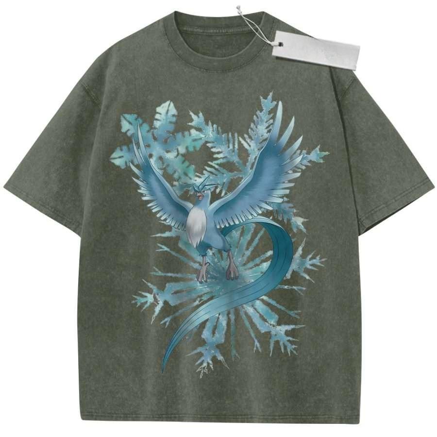 Summer Mens Black Washed T  Shirt Pokemon Articuno Snowflake Ice Blue High  Quality Fabric for Casual Shopping