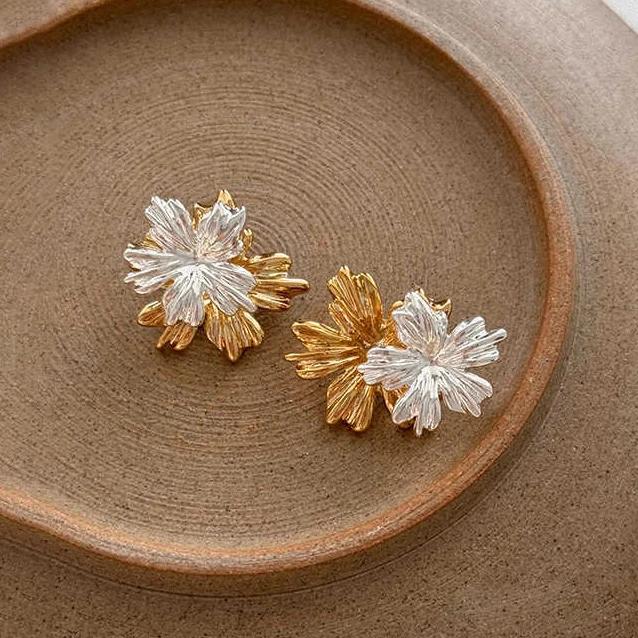 PONYKISS Sterling Silver 18K Gold Flower Stud Earrings for Women Cute Plant Fine Minimalist Light Luxury Accessories