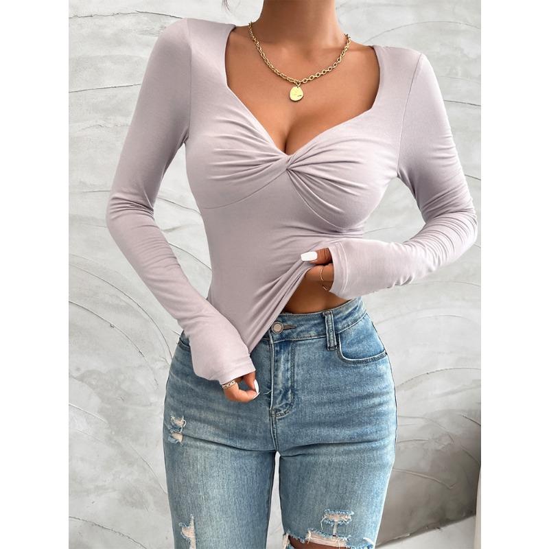 Herbst Frühling Neue Mode Damen Einfache Unifarbene Pendler Oberteile mit Lässigem Temperament