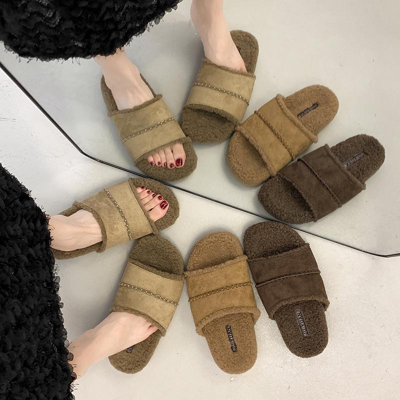 Maillard shoes drag thick soles with fluffy slippers women's shoes wear 2025 autumn new one-pedal lazy shoes