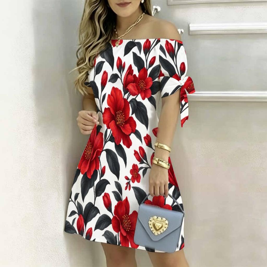 Women Plus Size Off Shoulder Short Sleeve Printed Tie Cuff A Line Dress
