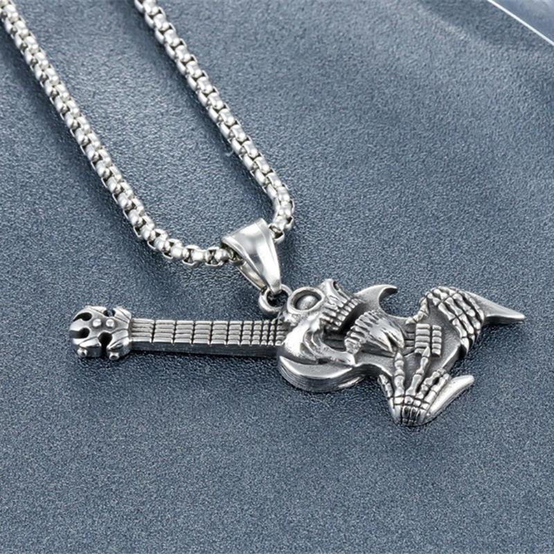 Hip Hop Rock Skeleton Men Guitar Instrument Pendant Necklace Retro Punk Copper Color Stainless Steel Chain Neck Jewelry Gifts