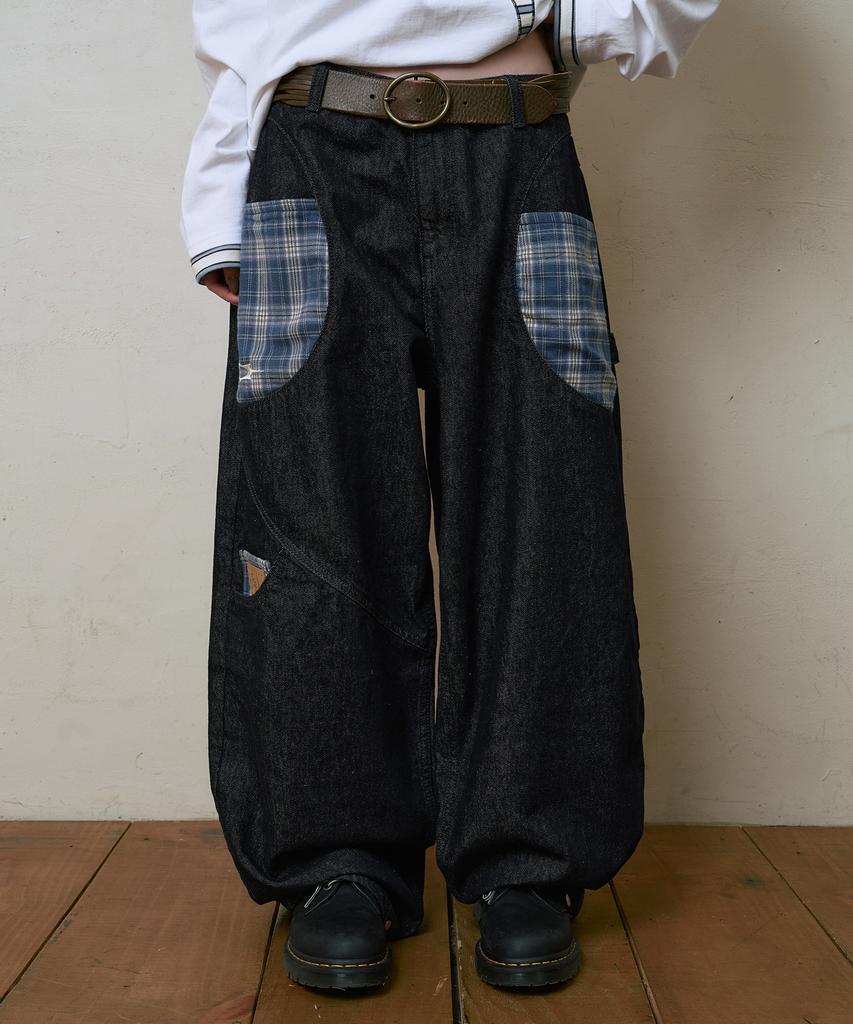 Lujeoseukeulleob Check Patch Wide Cotton Pants Indigo