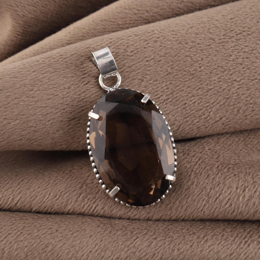 Smoky Topaz Gemstone Silver Pendant 1.75" , 925 Sterling Silver Handmade Jewelry, Brown Color Stone Pendant For Women PP-63-11