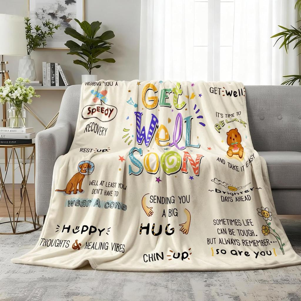 Get Well Soon Flannel Throw Blanket Inspirational Healing Quotes Cute Cartoon Gift Blanket For Sick Friends Family