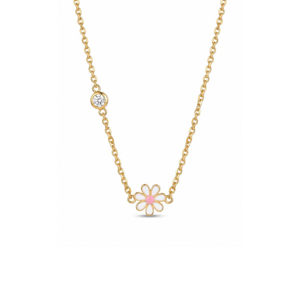 Enamel Daisy Flower Necklace,Stainless Steel Thin Link Bezel CZ Chain,Waterproof Tarnish Free Gift for Women