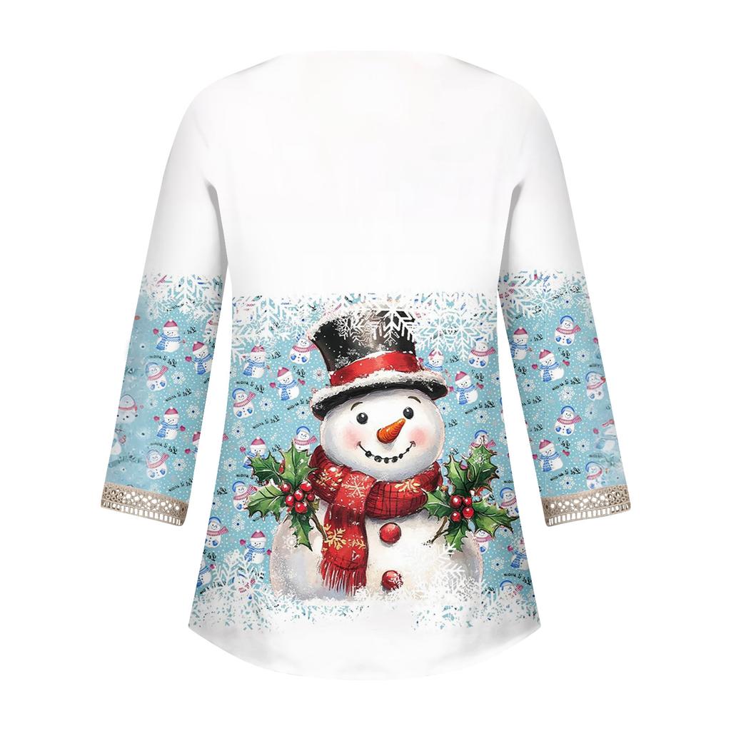 Women's Loose Casual Three-quarter Sleeve V-neck Lace Loose Christmas Print T-shirt Top
