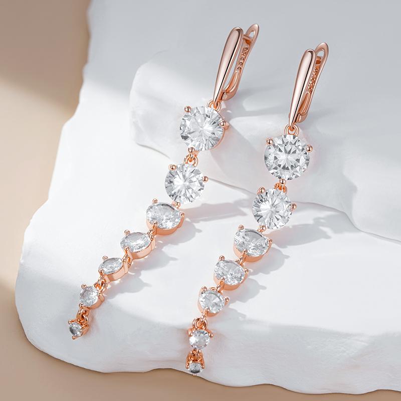 Sparkling White Natural Zircon Long Dangle Earrings For Women Fashion  Rose Gold Color Party Accessories Daily Jewelry