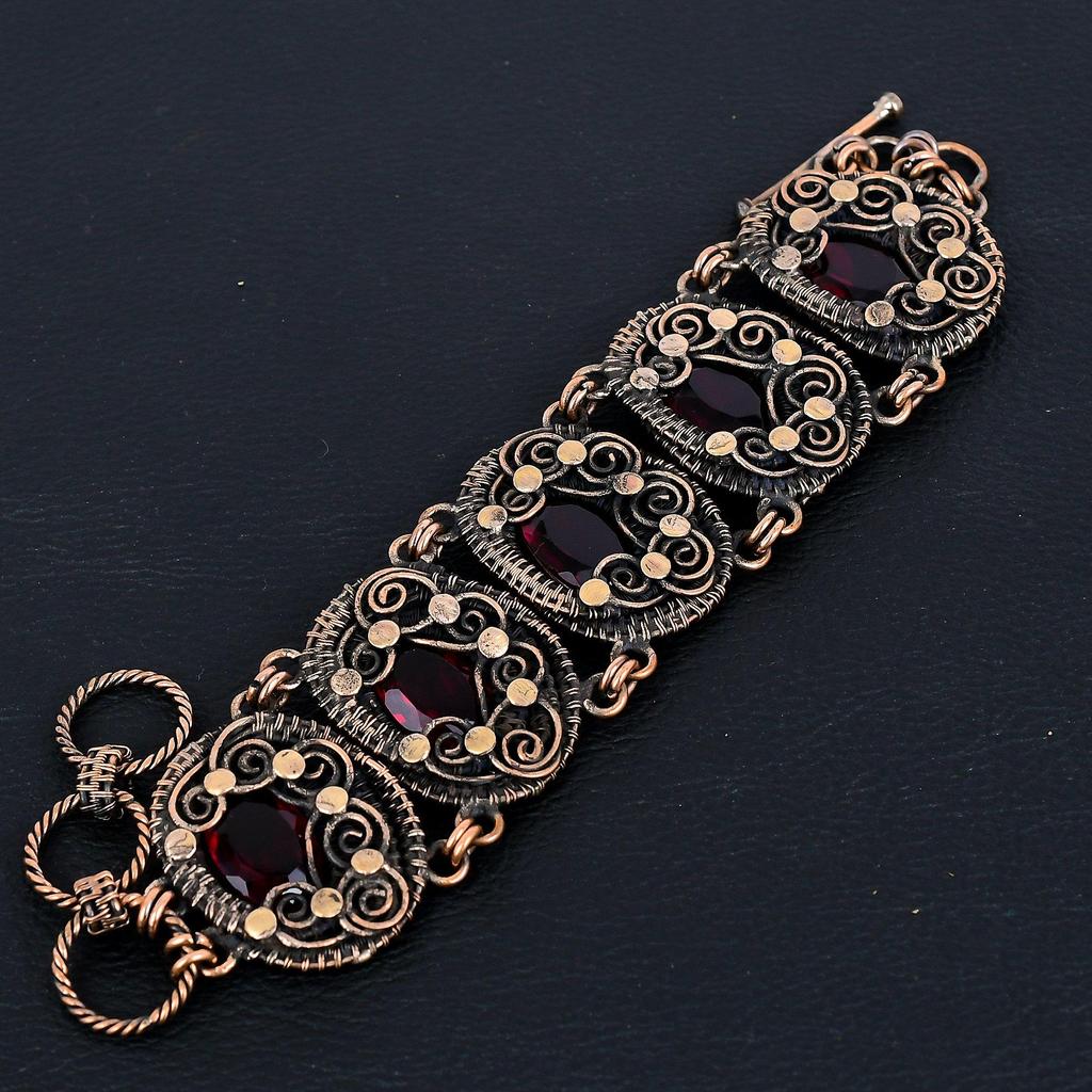Granat Armreif, 999 Kupferdraht umwickelter Manschettenarmreif, Verstellbarer Armreif, Edelstein Schmuck Geschenk für Mama, Handgefertigt, Brandneuer Schmuck