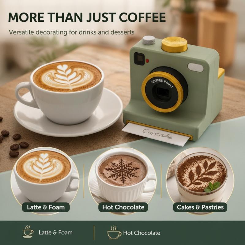 Zábavná 3D tištěná Latte kamera Vyměnitelné karty Stisk jedním dotykem DIY nástroj pro latte art Kamera Vintage vzhled Včetně šablon