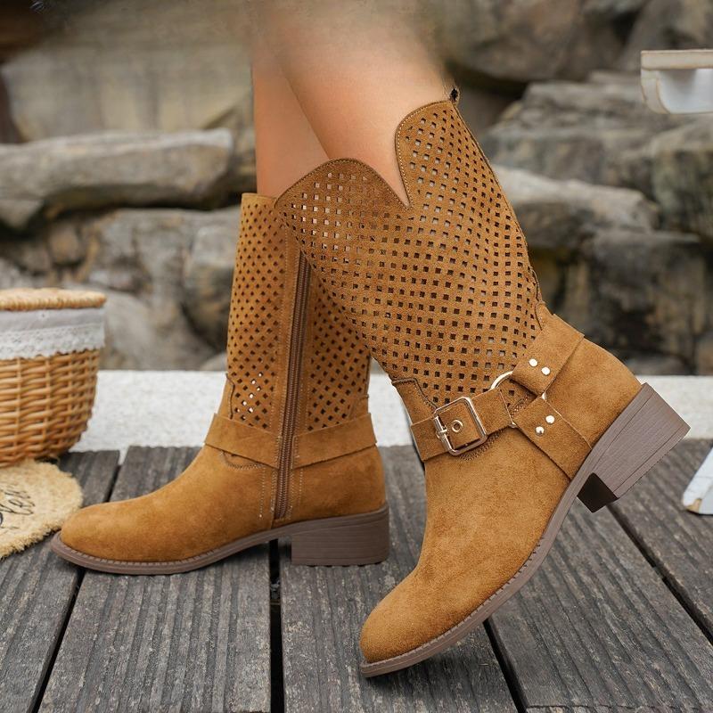 Women Mid-Calf Boots Retro Ethnic Style Summer Cool Boots Breathable Hollow Out Mesh Boot Classic Western Cowboy Boots for Women