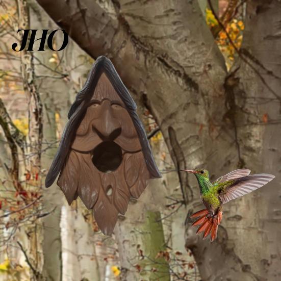 Fairy Birdhouse Happy Spirit Synthetic Resin Human Face Bird Rustic Shelter Nest Hand-Carved Ancient Tree with Carved Hair