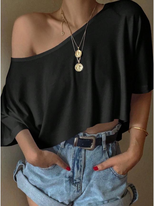 Haut T-shirt Casual Court Décolleté Bardot pour Femme Style Européen & Américain