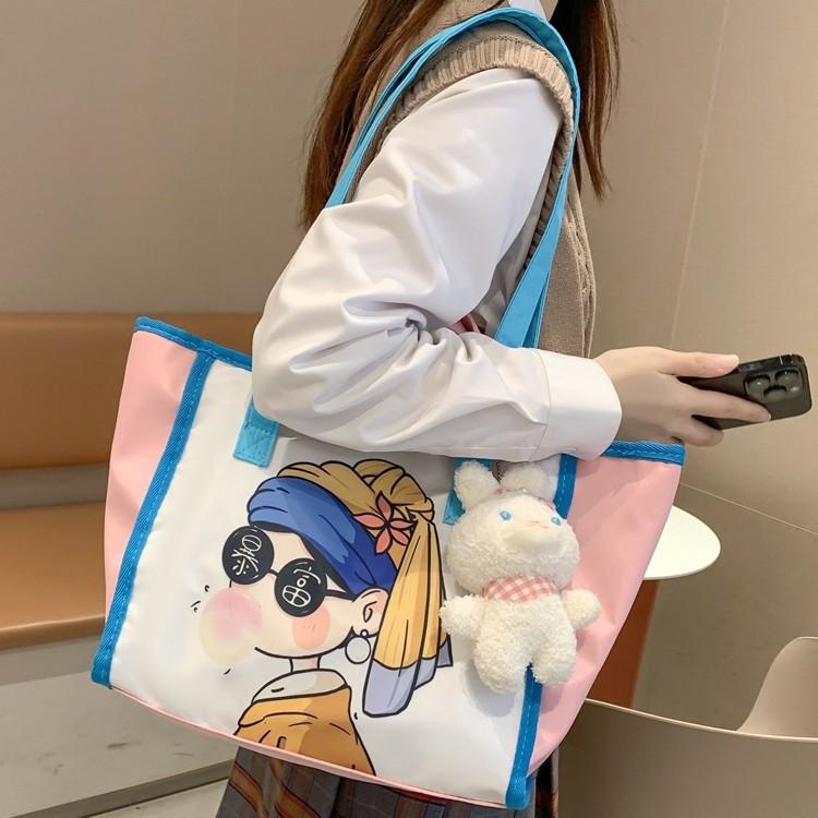 Large Capacity Portable Shoulder Cartoon Comic Bag Women's Bag Cute Daily Versatile College Student Class Canvas Tote Bag