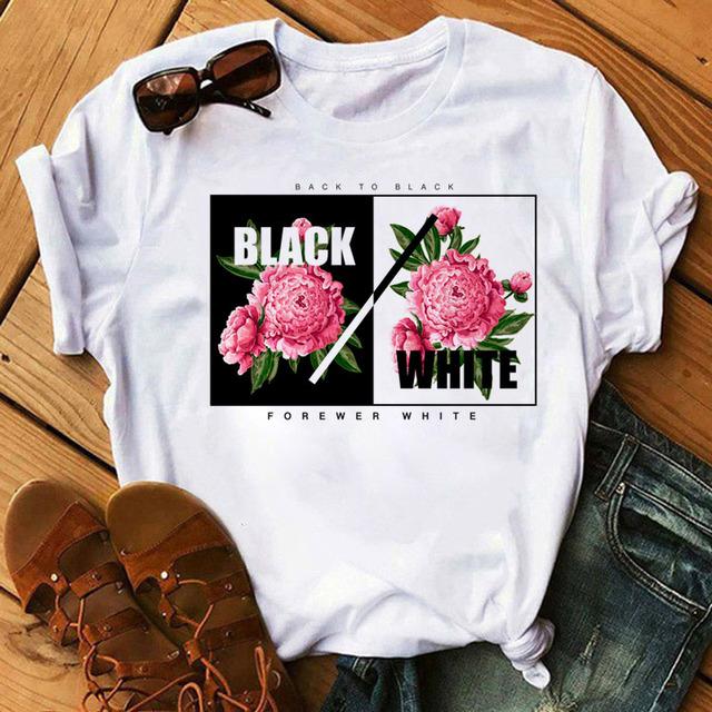 Fashion Women T Shirt Flower Printed T Shirt Casual Black Tops 90s Ladies Girl Tee Shirt Female Harajuku Graphic T -Shirt