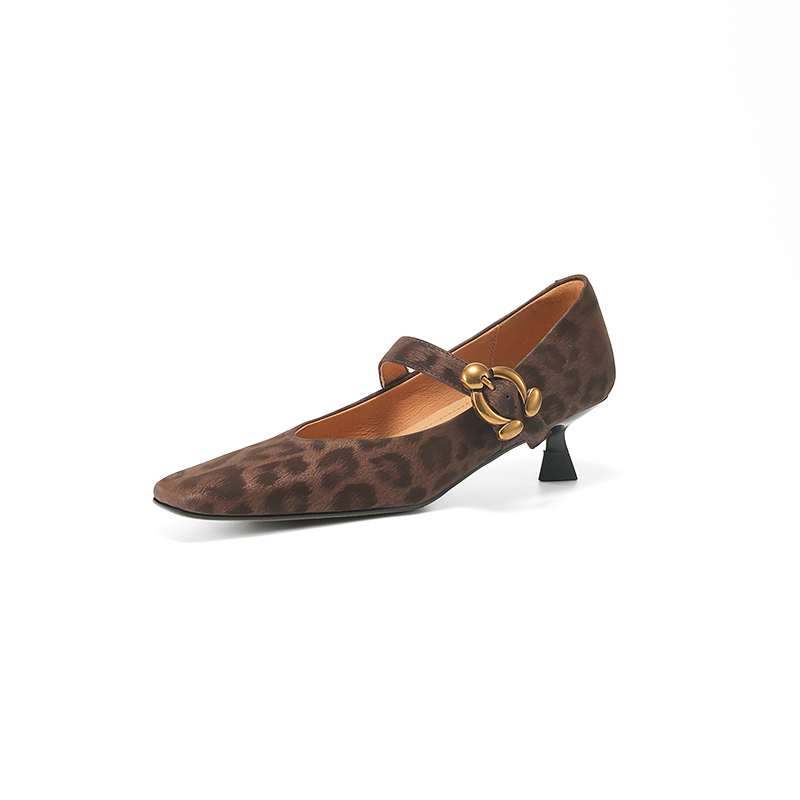Krazing Pot Sheep Skin Summer Spring Autumn Stiletto Med Heels Leopard Women Square Toe Metal Decoration Shallow Pumps