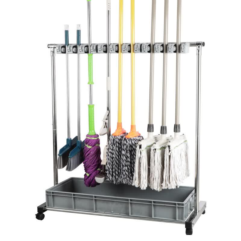 Stainless Steel Movable Mop & Cleaning Tool Storage Rack