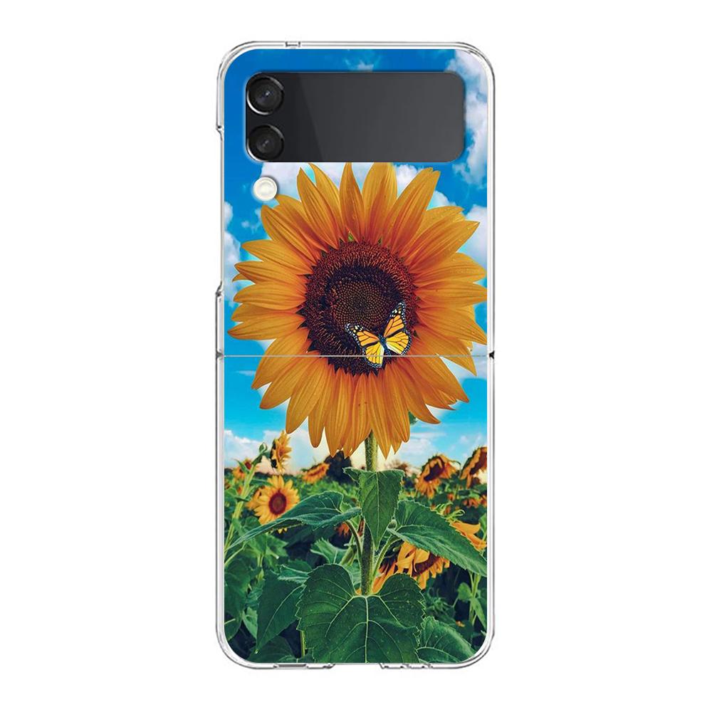 Phone Case For Samsung Galaxy Z Flip 3 4 5 Transparent Fold High Hard PC Shell For Galaxy Z Flip 3 5 Clear Cover Flower 12