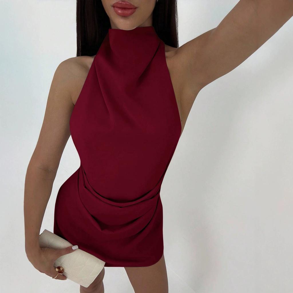 Vestito Senza Maniche Scollo Sexy Ragazze Slim Schiena Scoperta Abito Transfrontaliero Abbigliamento Donna Donna Scollo all'Americana Drappeggiato in Vita Schiena Scoperta Bianco Mini Abito da Festa