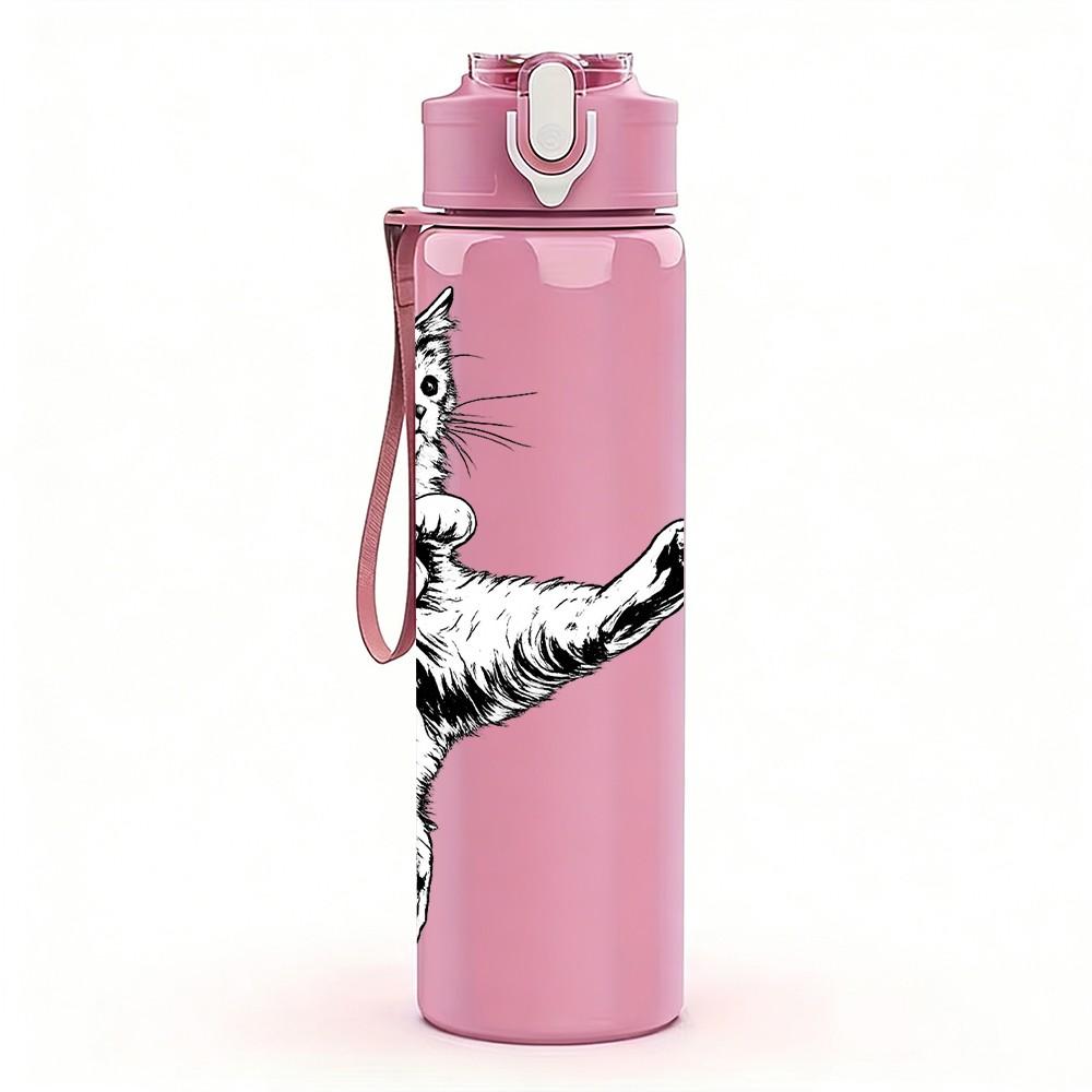 1PC Cat Kicking Soccer Line Art Print 750ml Color Plastic Sports Water Bottle Leakproof Flip Straw Lid Suitable for Sports Office Home Use