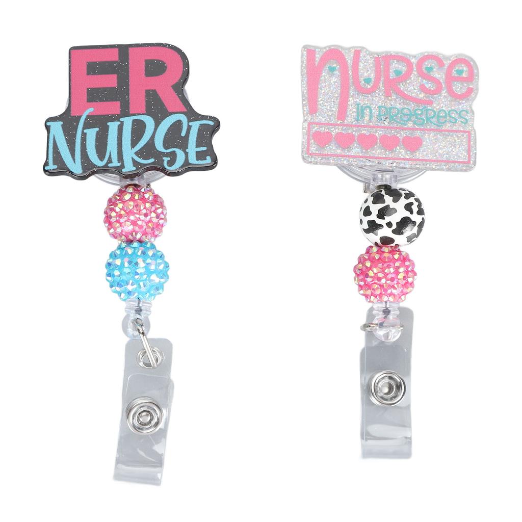Nurse Badge Reel Holder Retractable Hand Painting Beaded Nursing Student Badge Reel Clip for Nursing