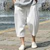 Summer Large Size Cropped Pants Men's Beach Pants Chinese Style Loose Cotton and Linen Casual Pants Wide Leg Pants Men