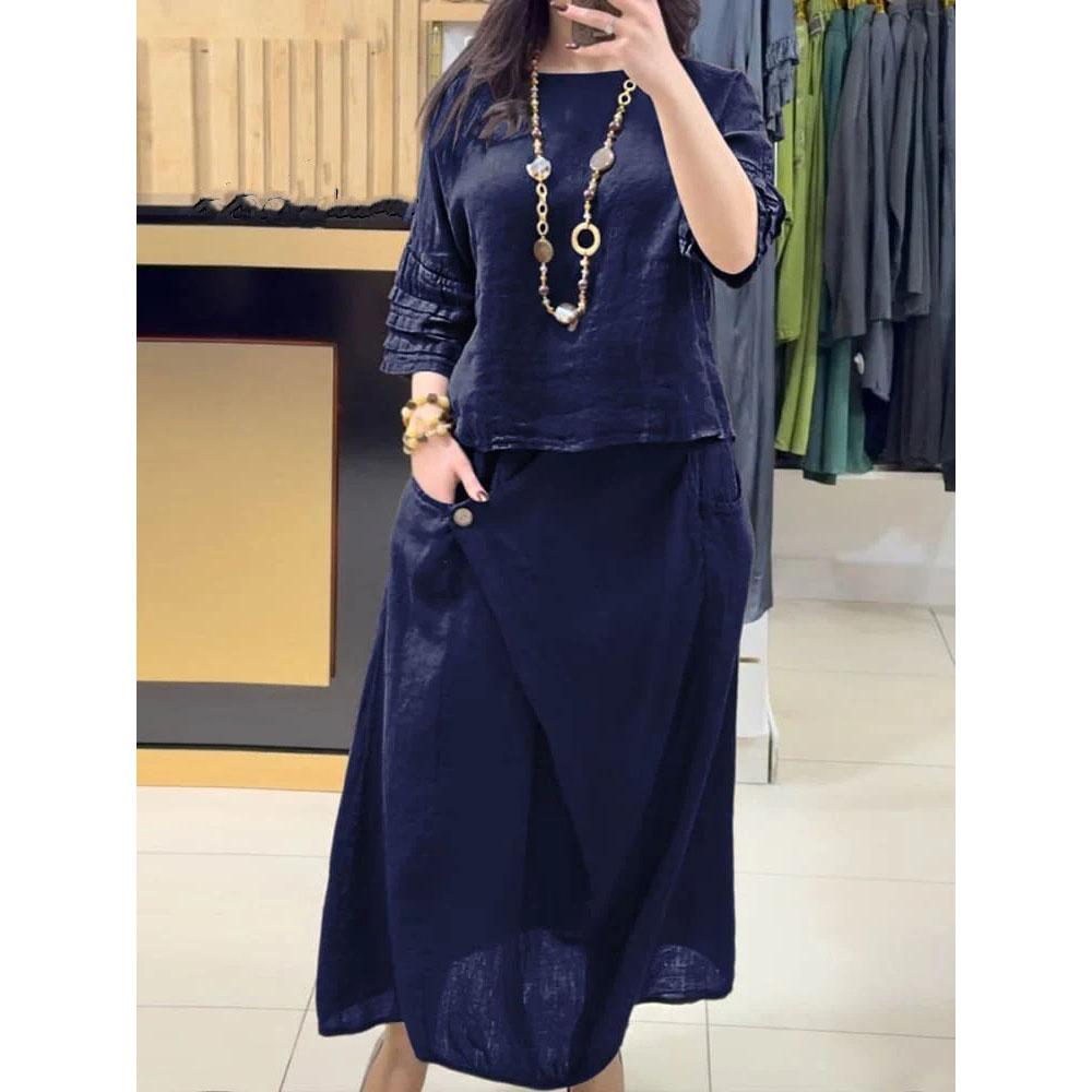 Women's Two Piece Set Casual Solid Color Blouse Top And Loose Midi Skirt Suit 2 Piece Sets Lady Elegant Outfit