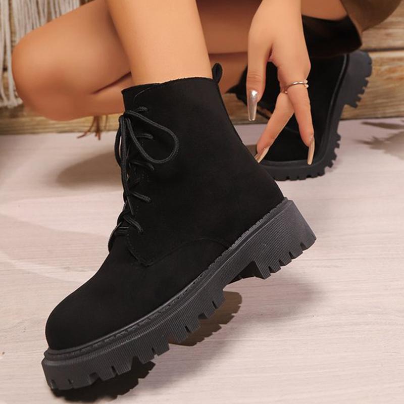 Fashion Classic Black Faux Suede Boots Women Autumn Winter 2025 Lace Up Platform Ankle Boots Woman Round Toe Warm Booties Mujer