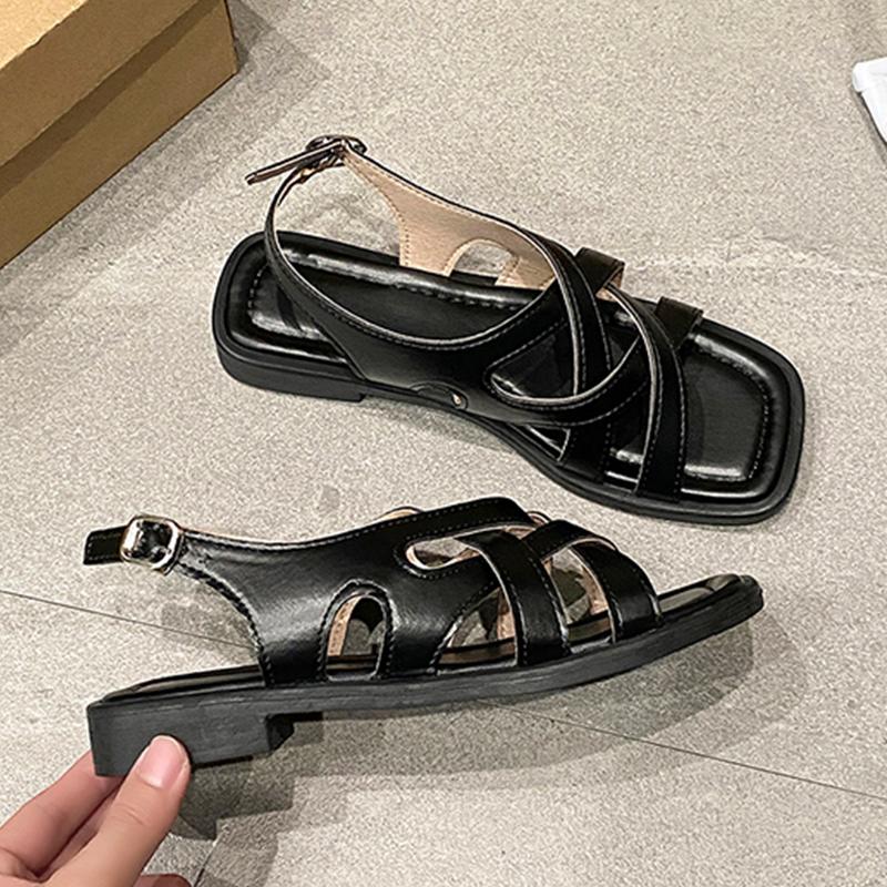 Fashion Smile Women Sandals Spring New Rubber Low Heel Square Toe Beach Sandals Korean Version Sandals Roman Retro Woven Fashion Sandals