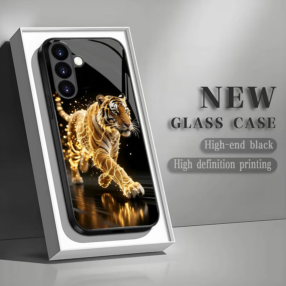 Golden Tiger Tempered Glass Phone Case Suitable for Samsung Galaxy S26 S25 S24 S23 S22 S20 FE/Ultra/Plus Anti Drop Back Cover